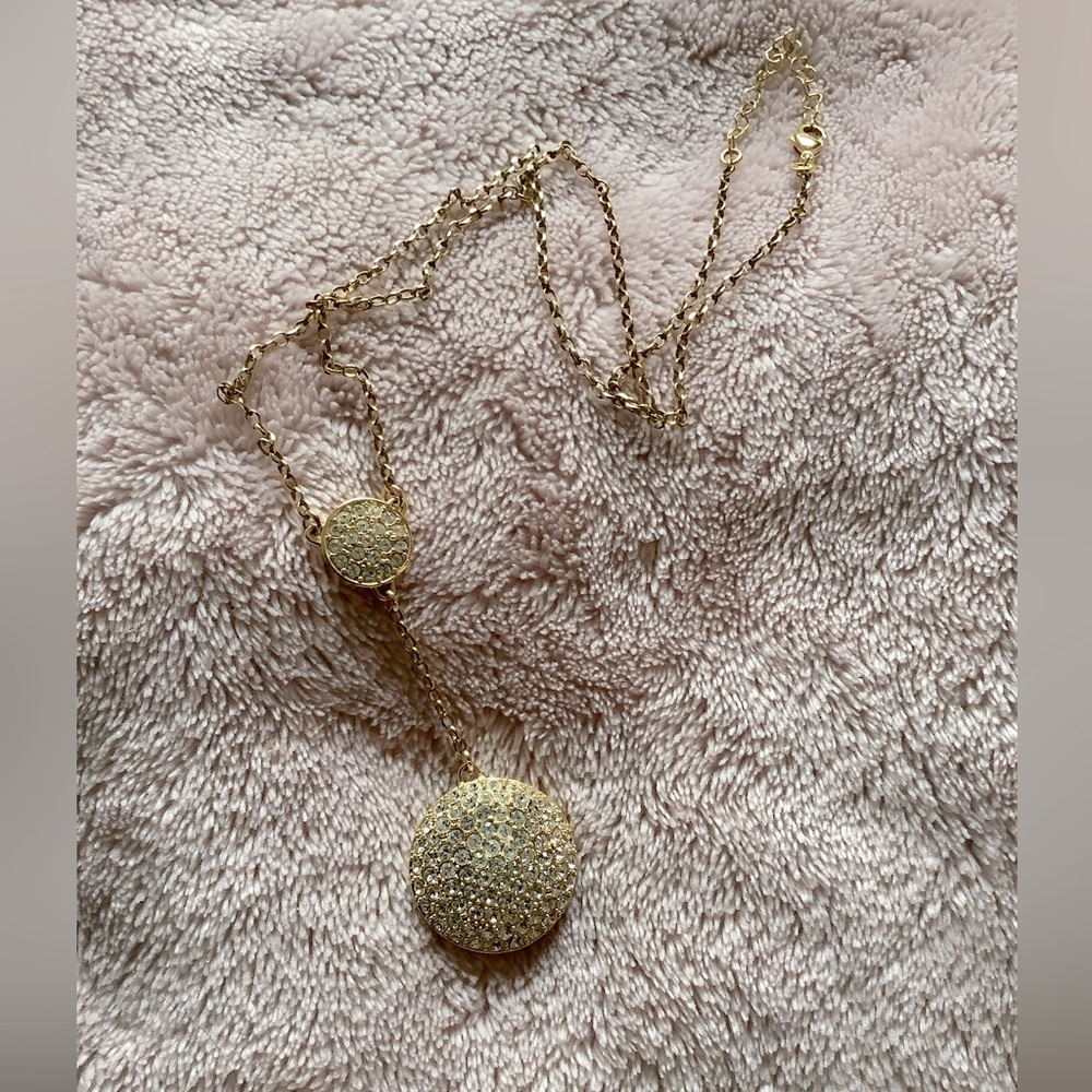 PAVE circle drop necklace with Swarovski crystals and gold fill.  Stamped